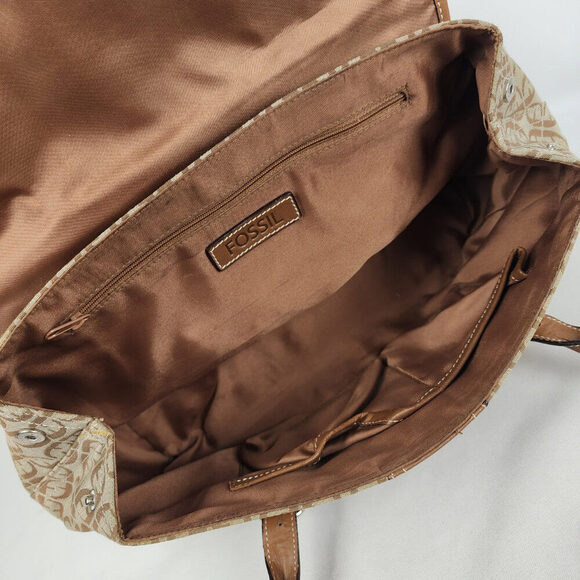 Vintage Fossil Brown Monogram Leather Trimmed Satchel Purse - Picture 7 of 9